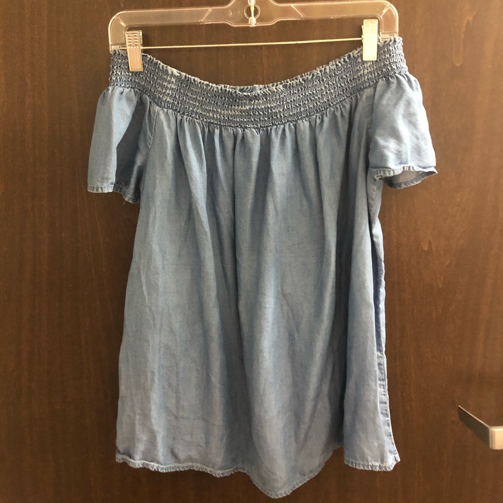 distressed denim off the shoulder top
